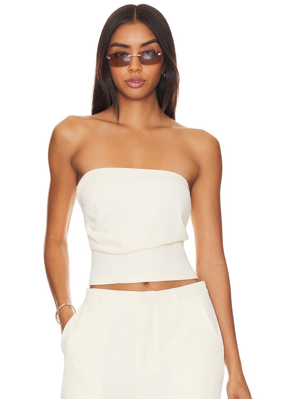 Cream Strapless S Crop Top with XS Wide-Leg Trousers Set - Picture 2 of 5